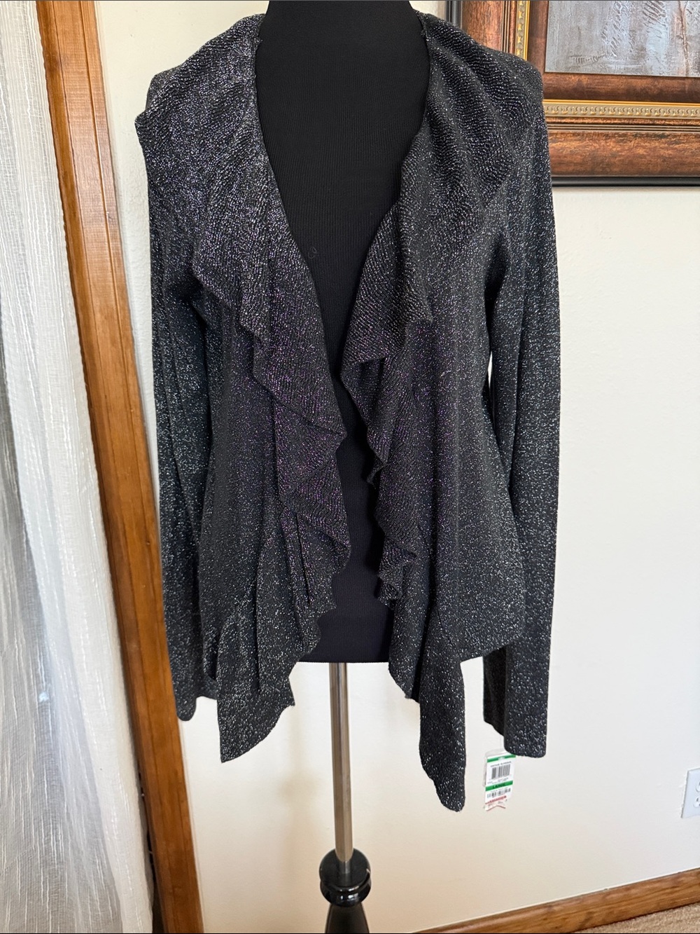INC International Concepts Black Sparkle Ruffle Open-Front Cardigan